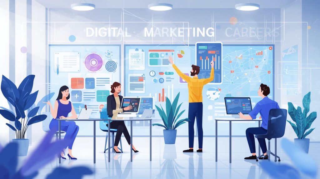 Young professional working on laptop representing digital marketing assistant careers