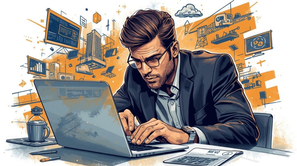 Entrepreneur analyzing practical digital commerce examples on laptop