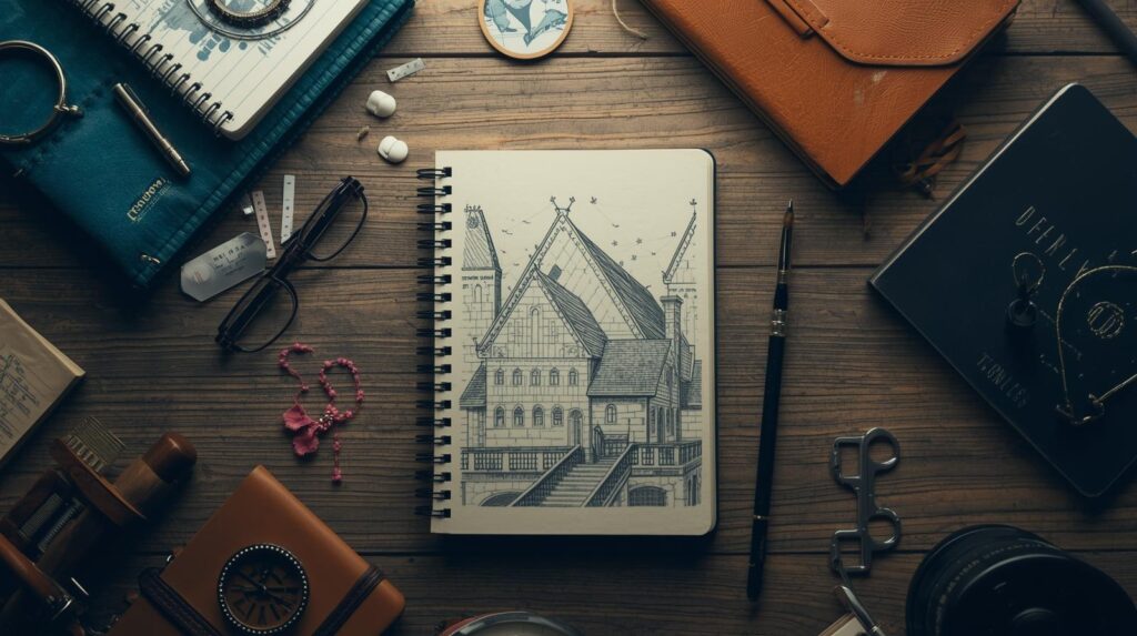 flat lay of notebook and journaling supplies on wooden desk