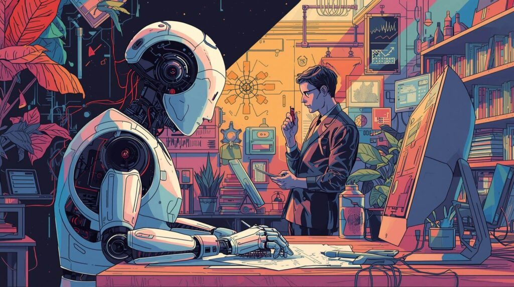 Illustration showing AI and human working together in a creative workspace