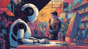 Illustration showing AI and human working together in a creative workspace